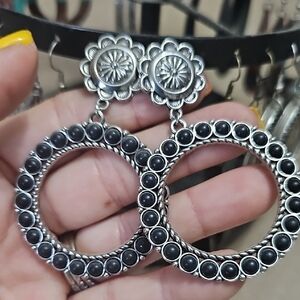 Paparazzi Silver and Black Floral Hoop Earrings